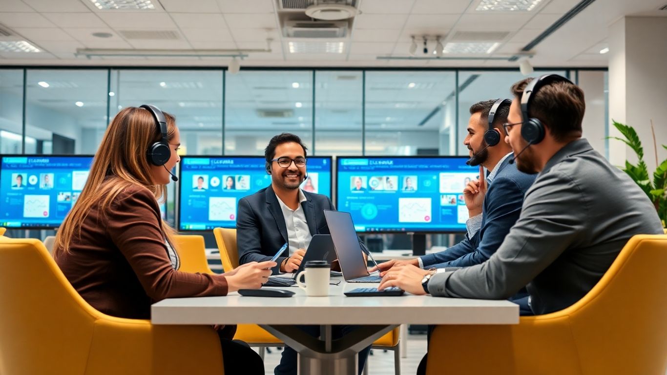 Team using headsets in modern office environment