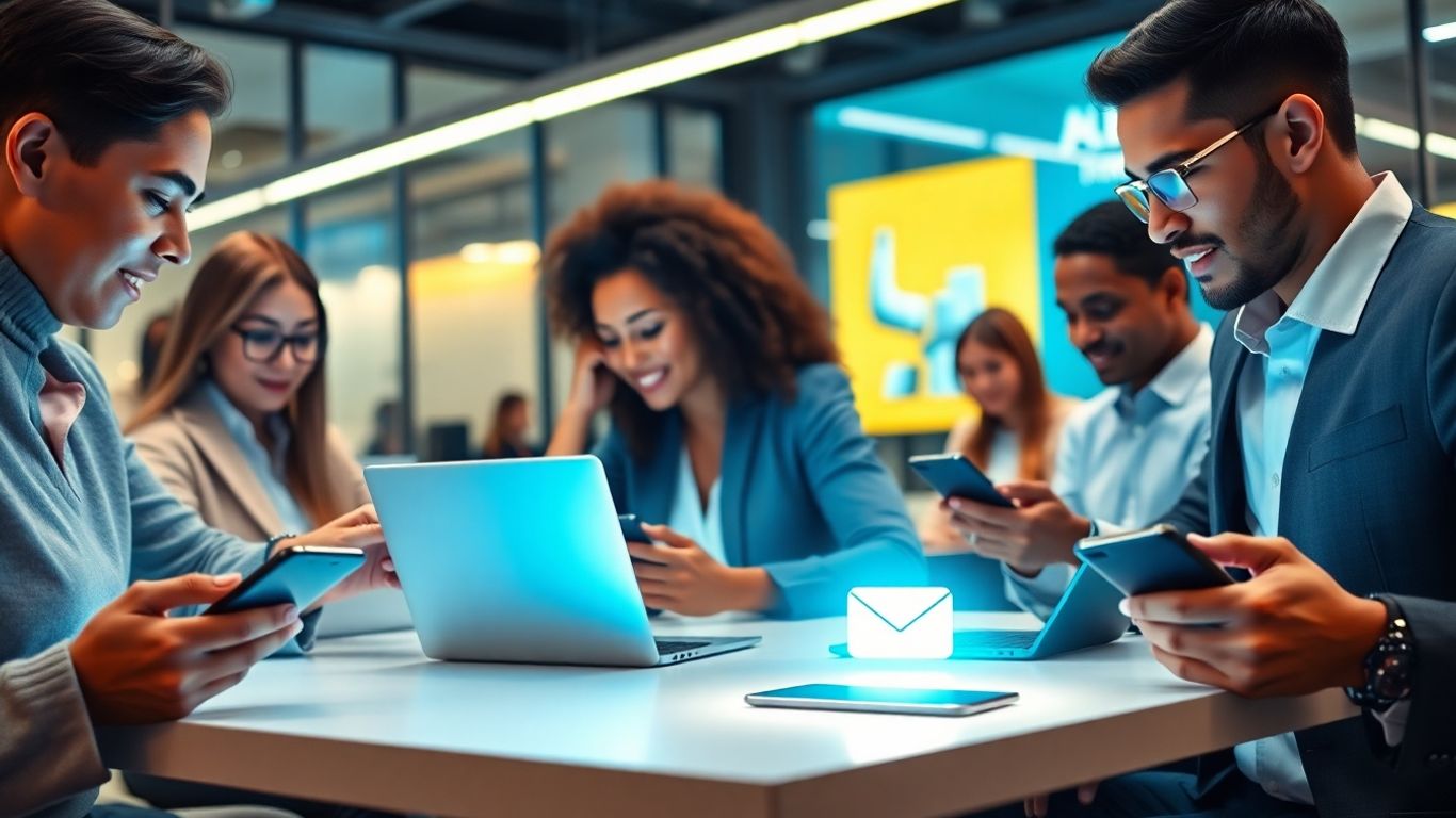 Professionals using AI voicemail in a modern office setting.
