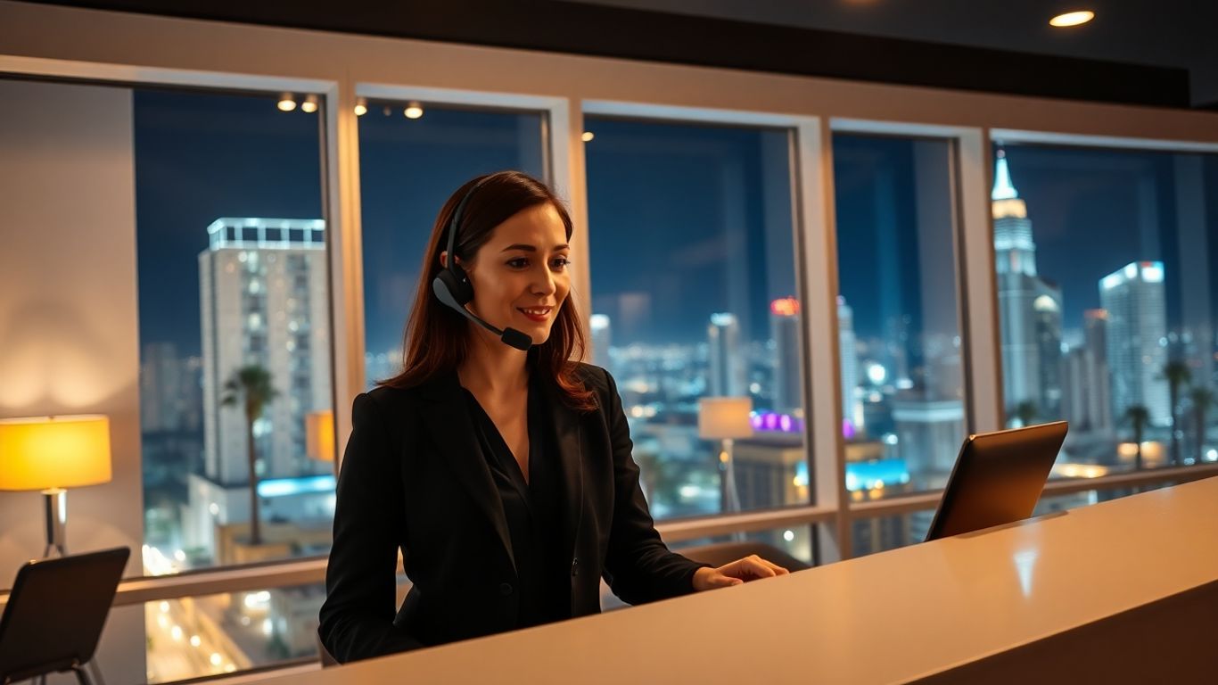 Hollywood office receptionist at night with global city view.