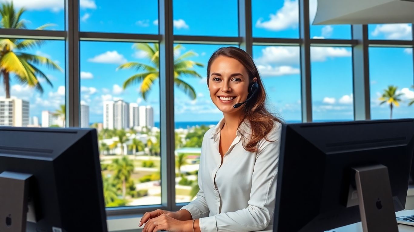 Receptionist answering call in sunny Pompano Beach office