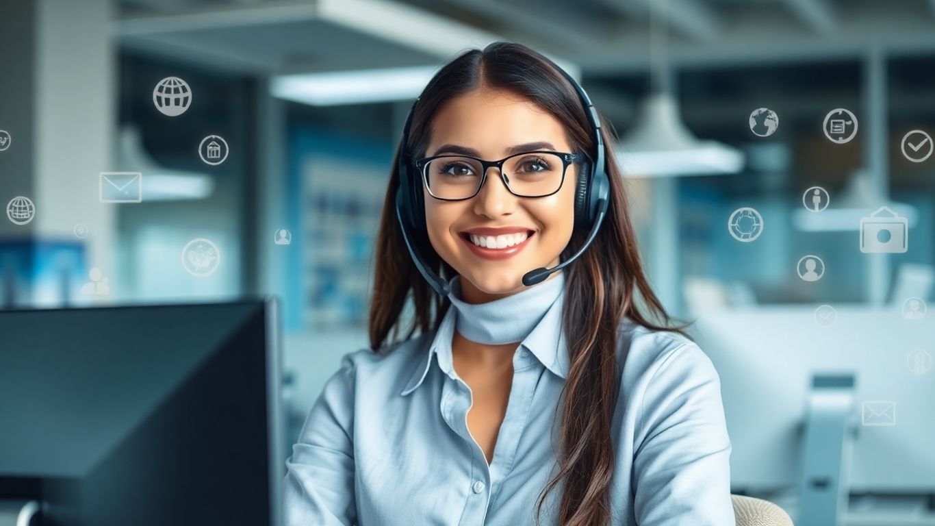 Customer service agent answering call in modern office