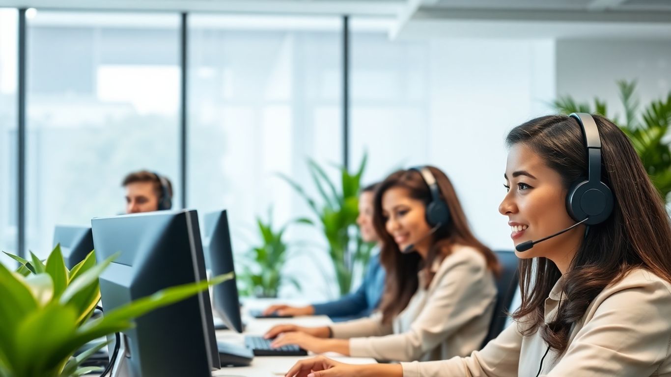 Customer service agents with AI elements in office workspace