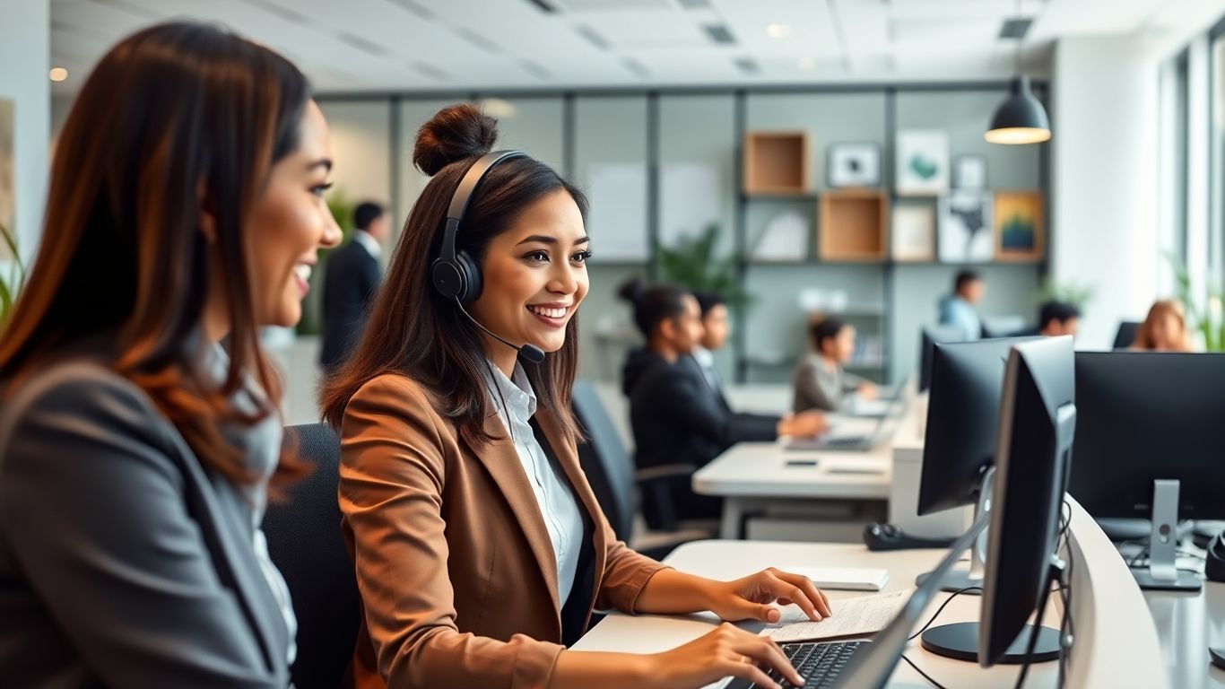 Receptionist answering phone in modern business office