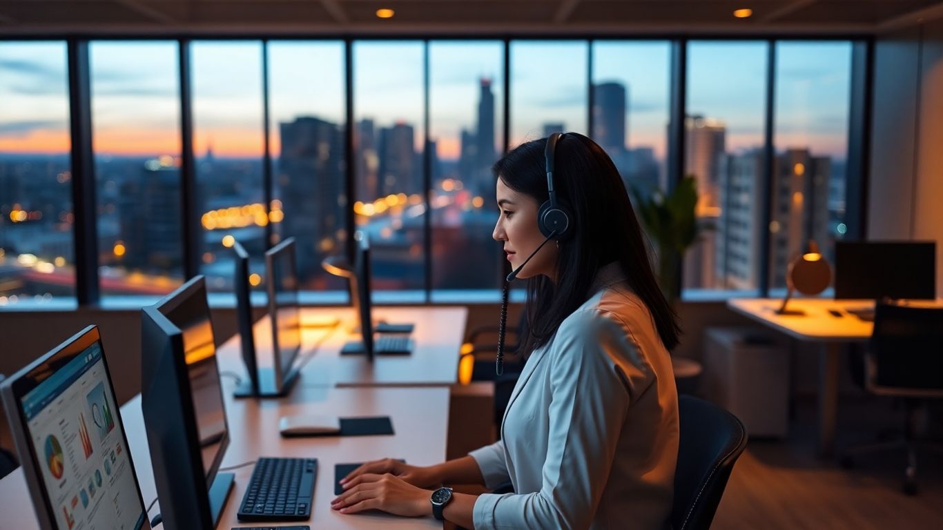 Receptionist answering phone in office during evening hours