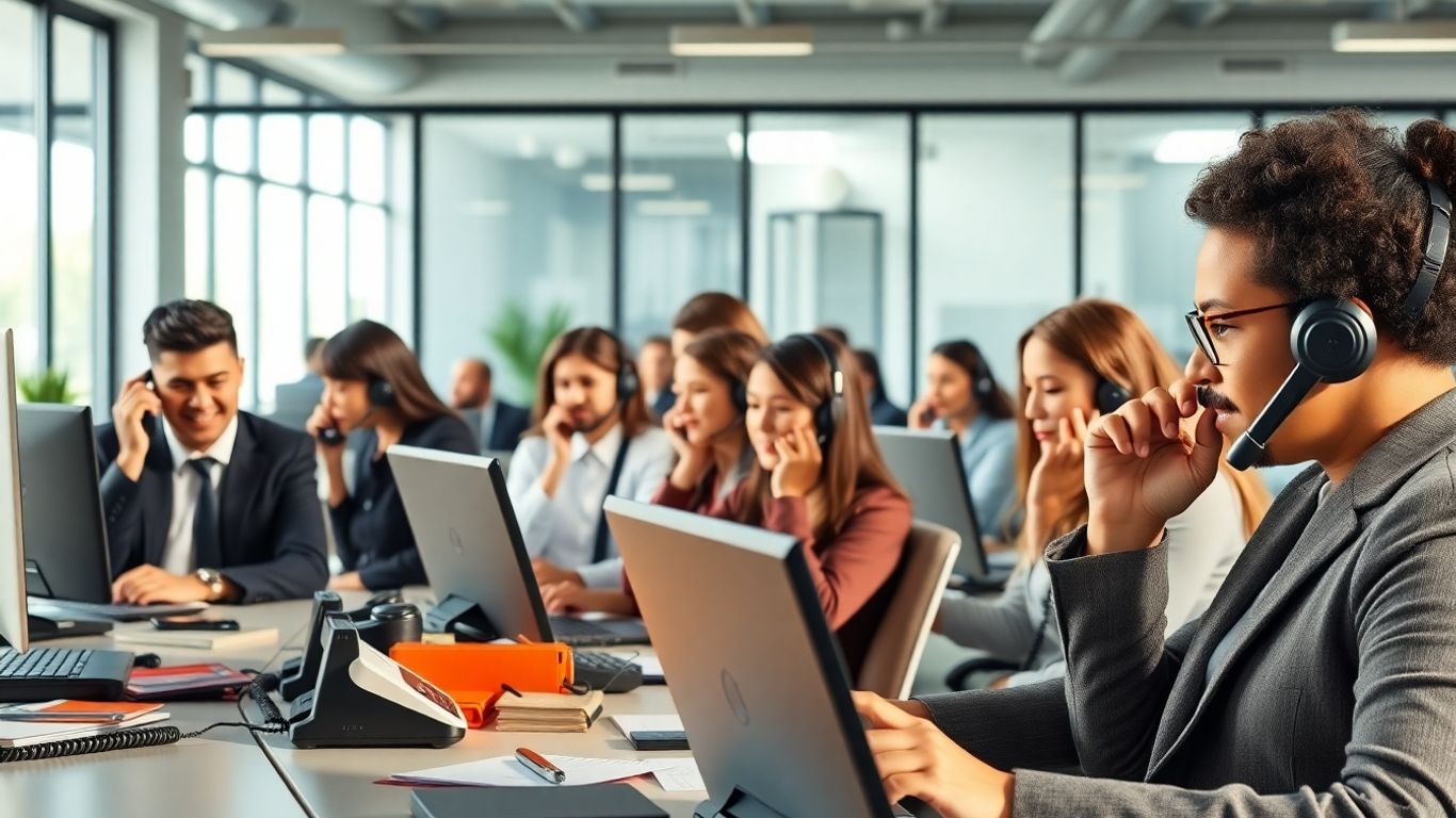 Business team answering multiple phones in office