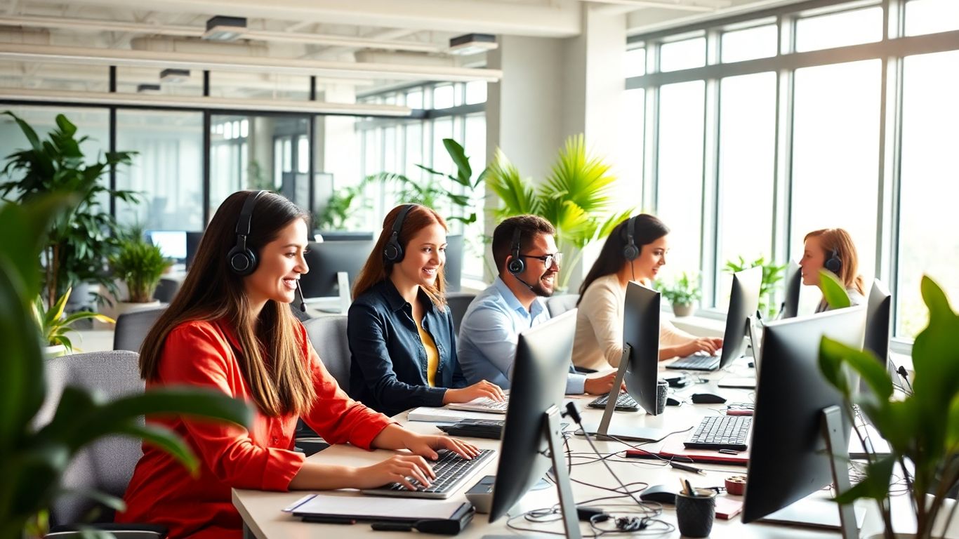 Office workers using headsets in a modern, bright workspace.