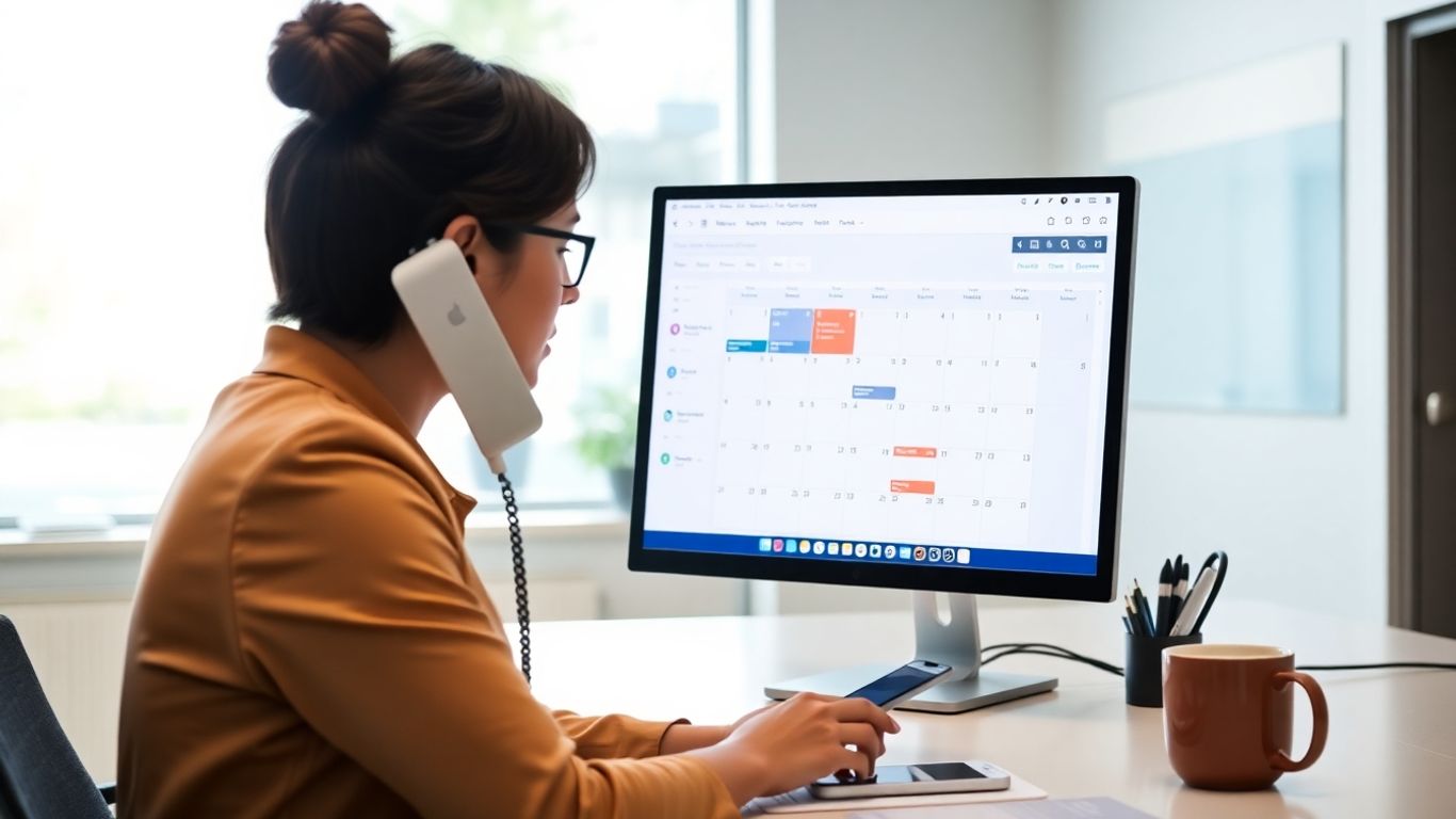 Receptionist scheduling appointment on computer and answering call.
