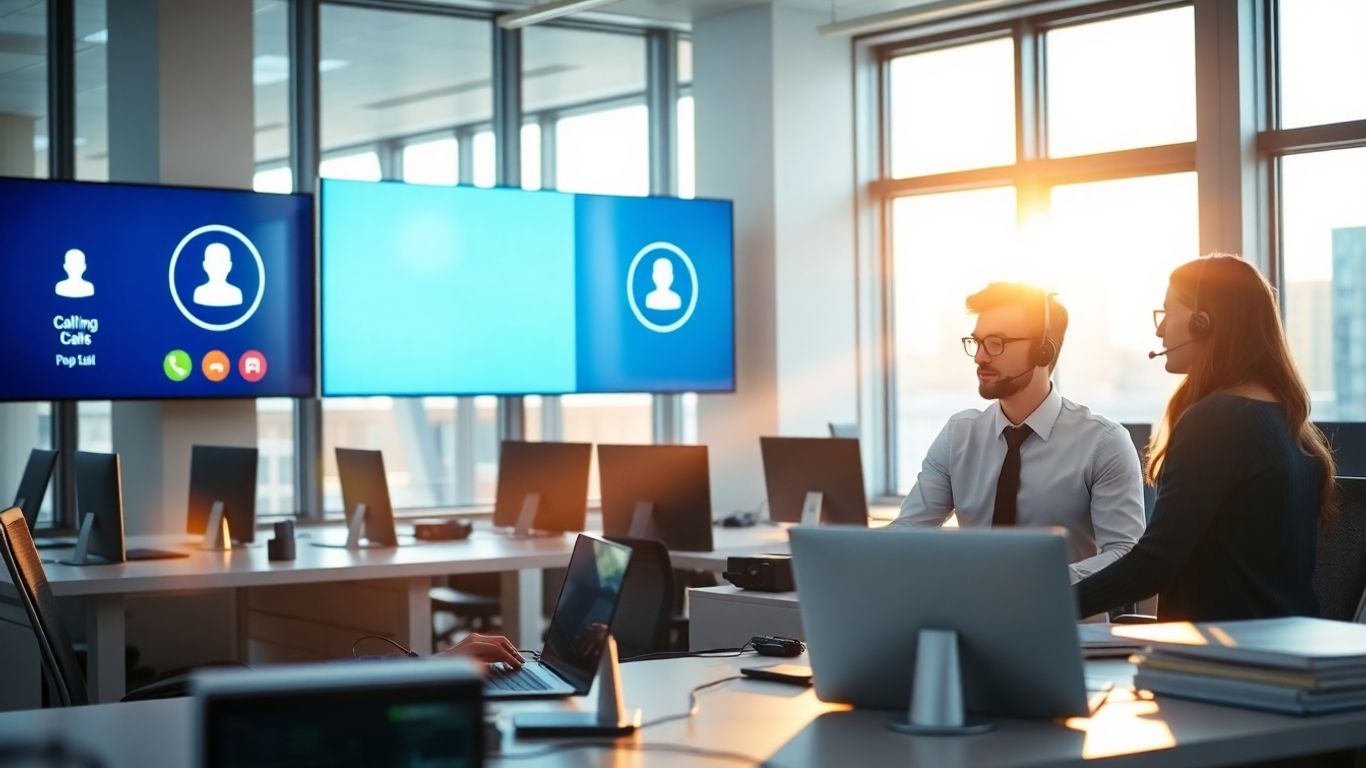 Office workers using call management technology in bright workspace