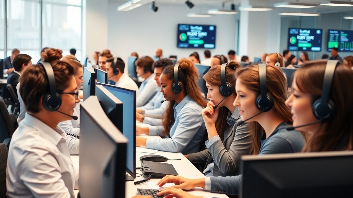 Busy office workers managing multiple phone calls efficiently