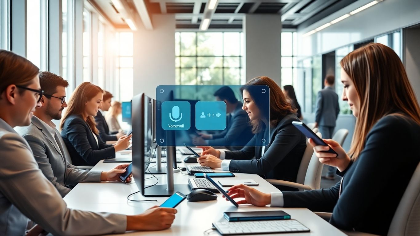 Professionals using AI voicemail in a modern bright office.