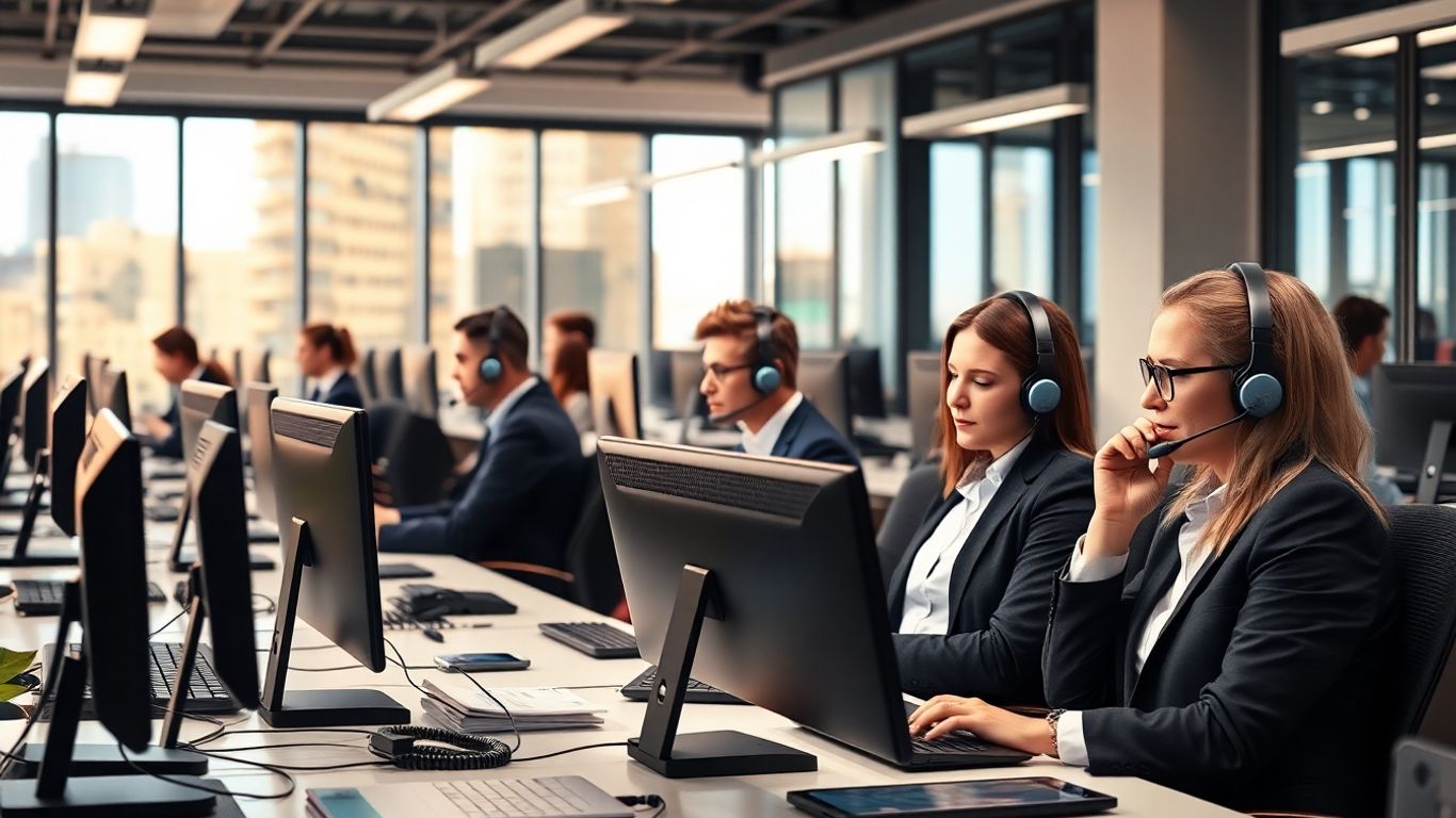 Professionals using headsets in a bright modern office