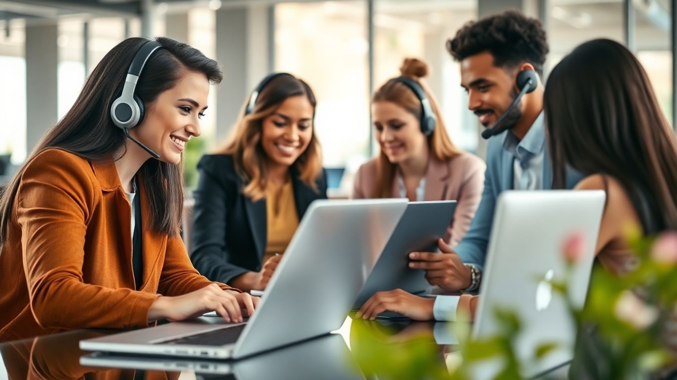 Team using laptops and headsets in modern office