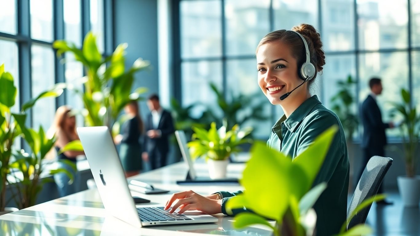 Receptionist answering phone in bright, modern Clearwater office