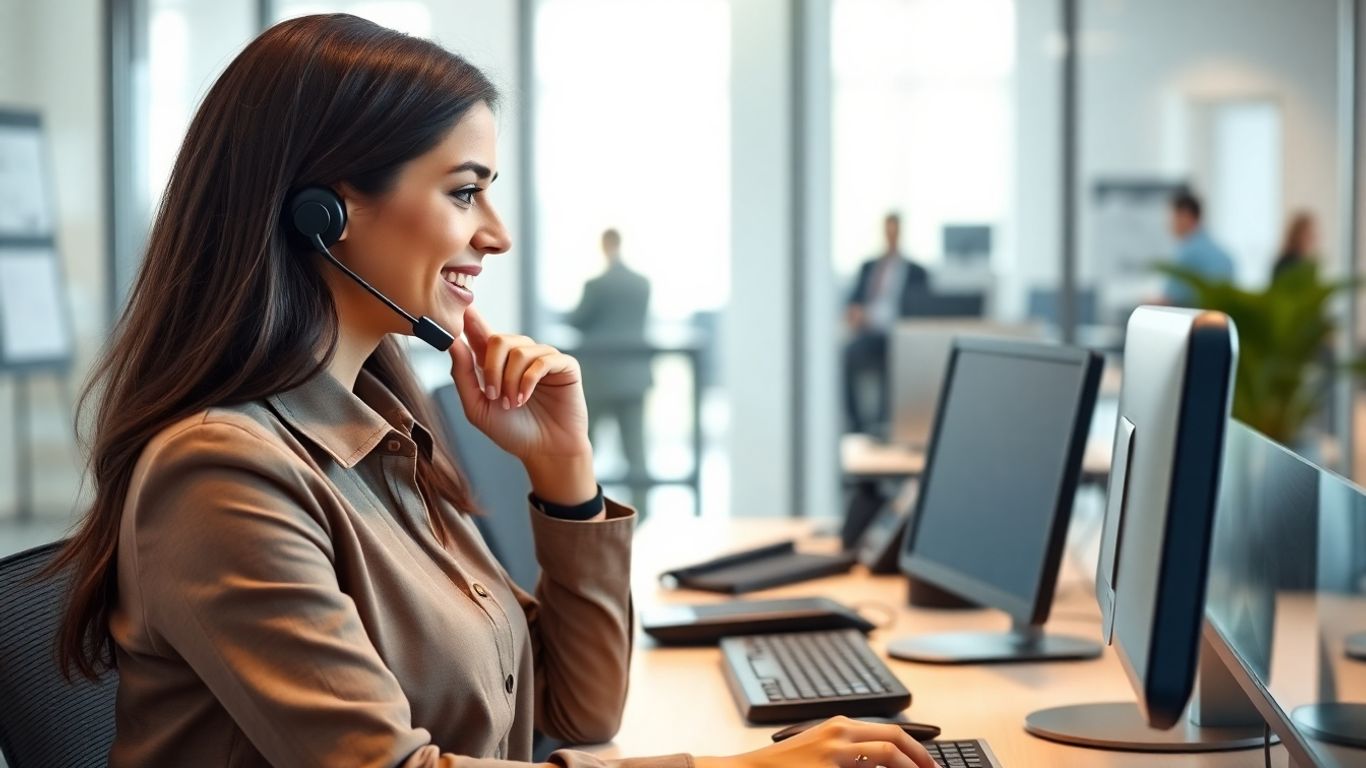 Receptionist answering phone in bright modern office