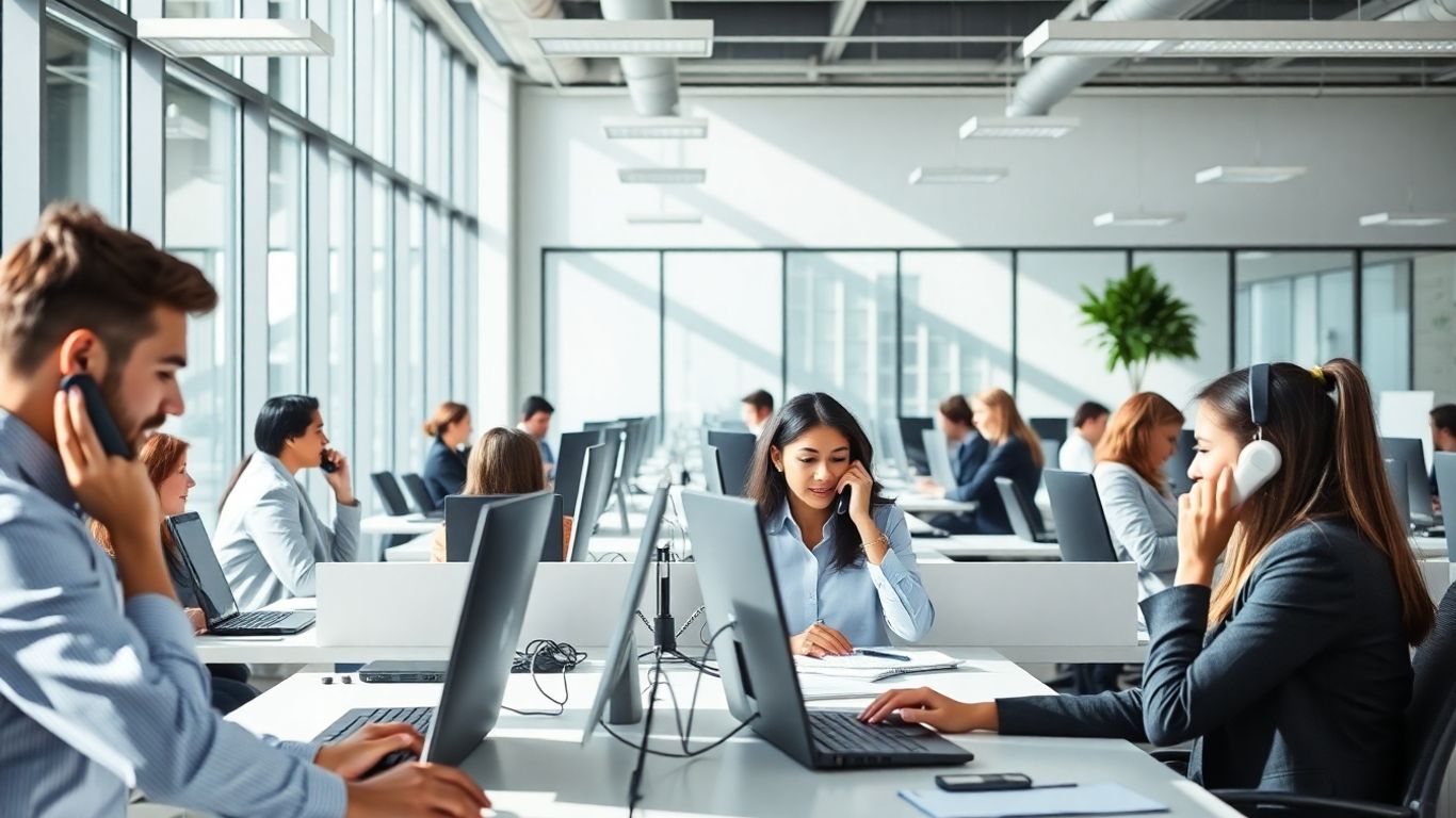 Office workers answering phones during busy business period