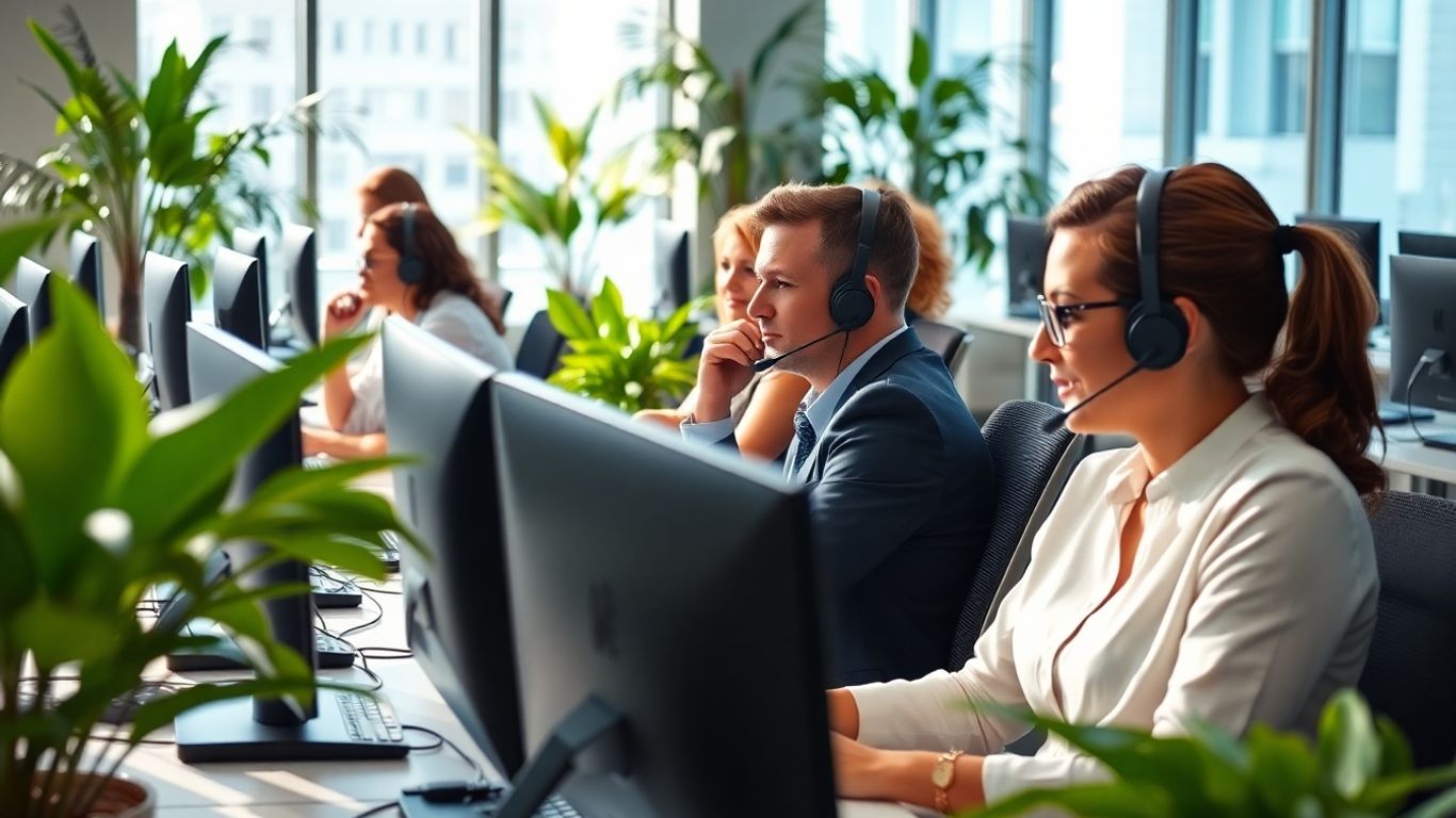 Professionals on headsets in a bright modern office