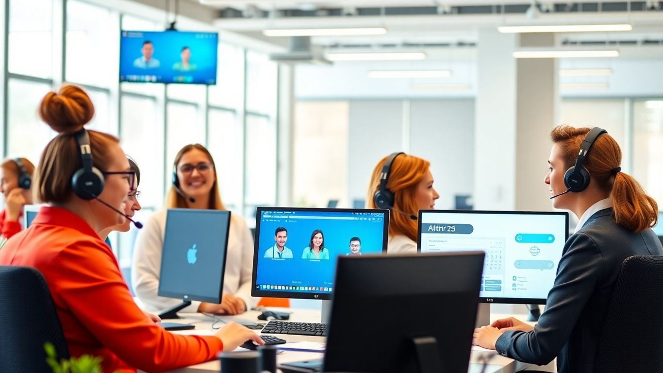 Office workers with headsets using modern call technology