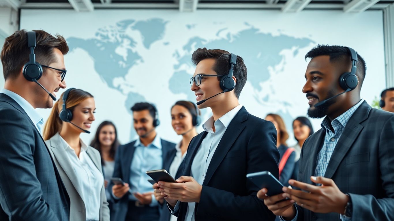Multinational call center team working with world map backdrop