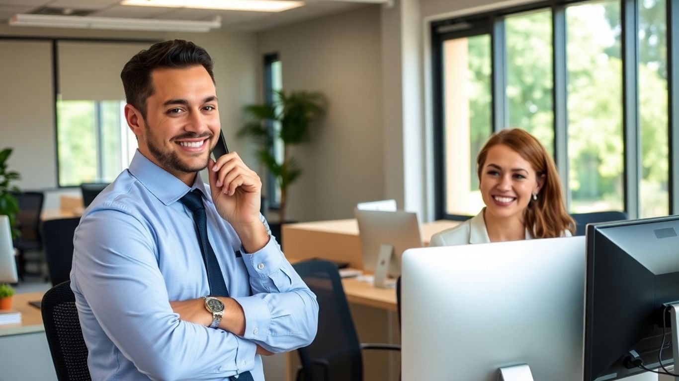 Business professionals providing phone customer service in Gainesville office.