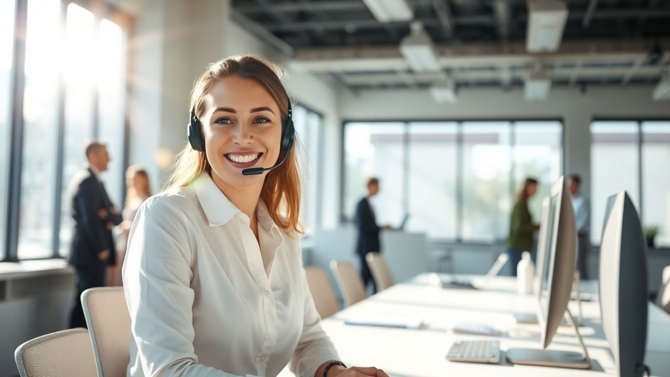 Customer service representative at busy office desk in Gainesville