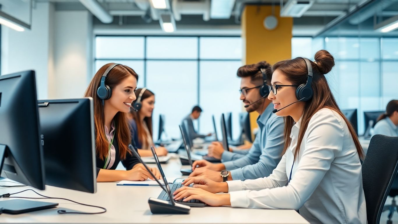 Team of call center agents working in a bright office.