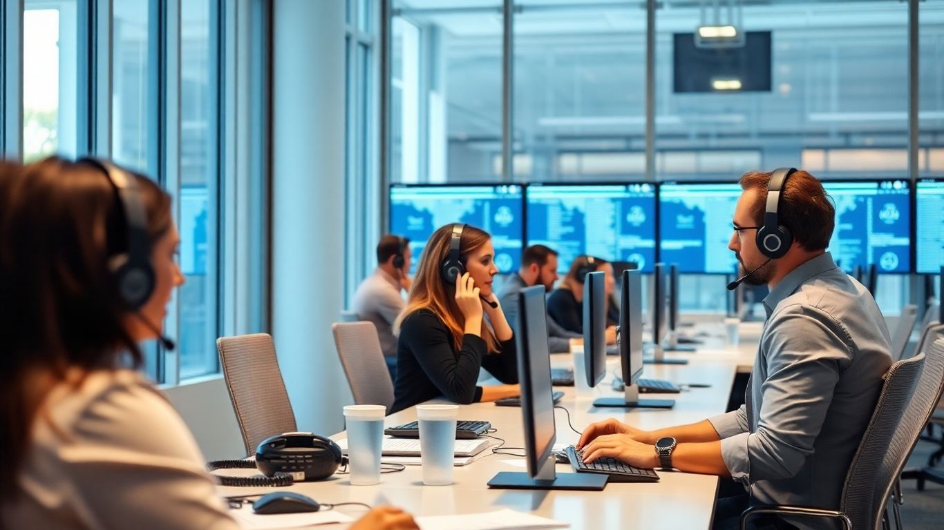 Business professionals using headsets in bright modern office