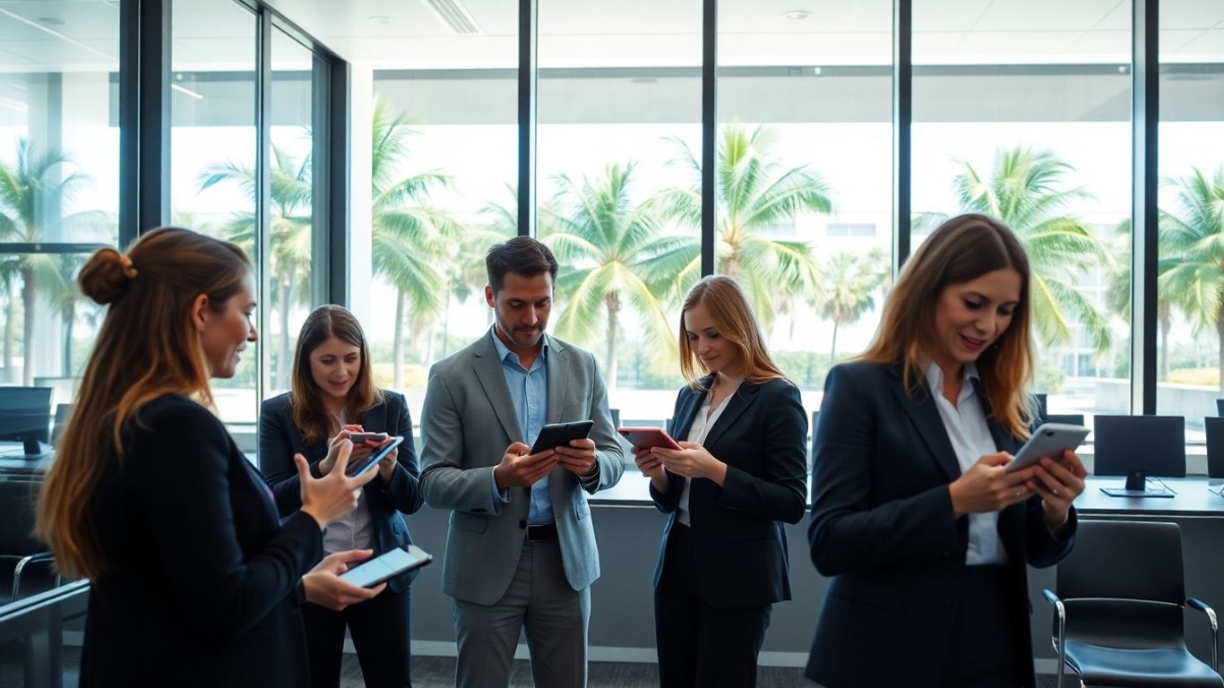 Business professionals using mobile devices in bright office