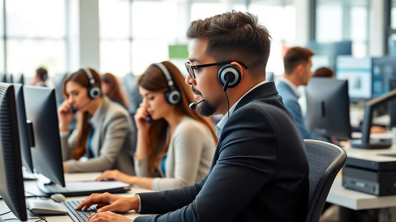 Customer service team answering phones in modern office