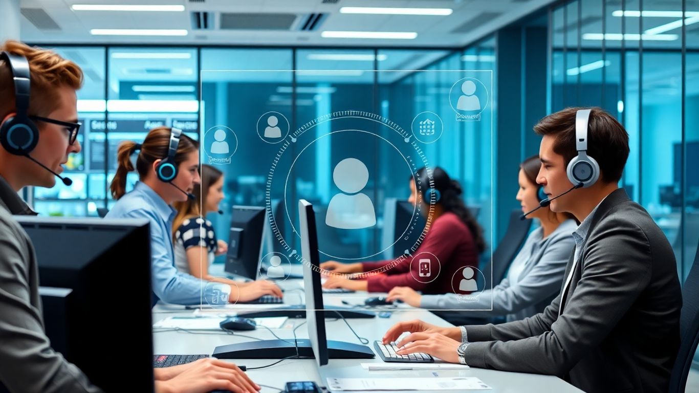 Professionals managing calls with advanced digital controls in office