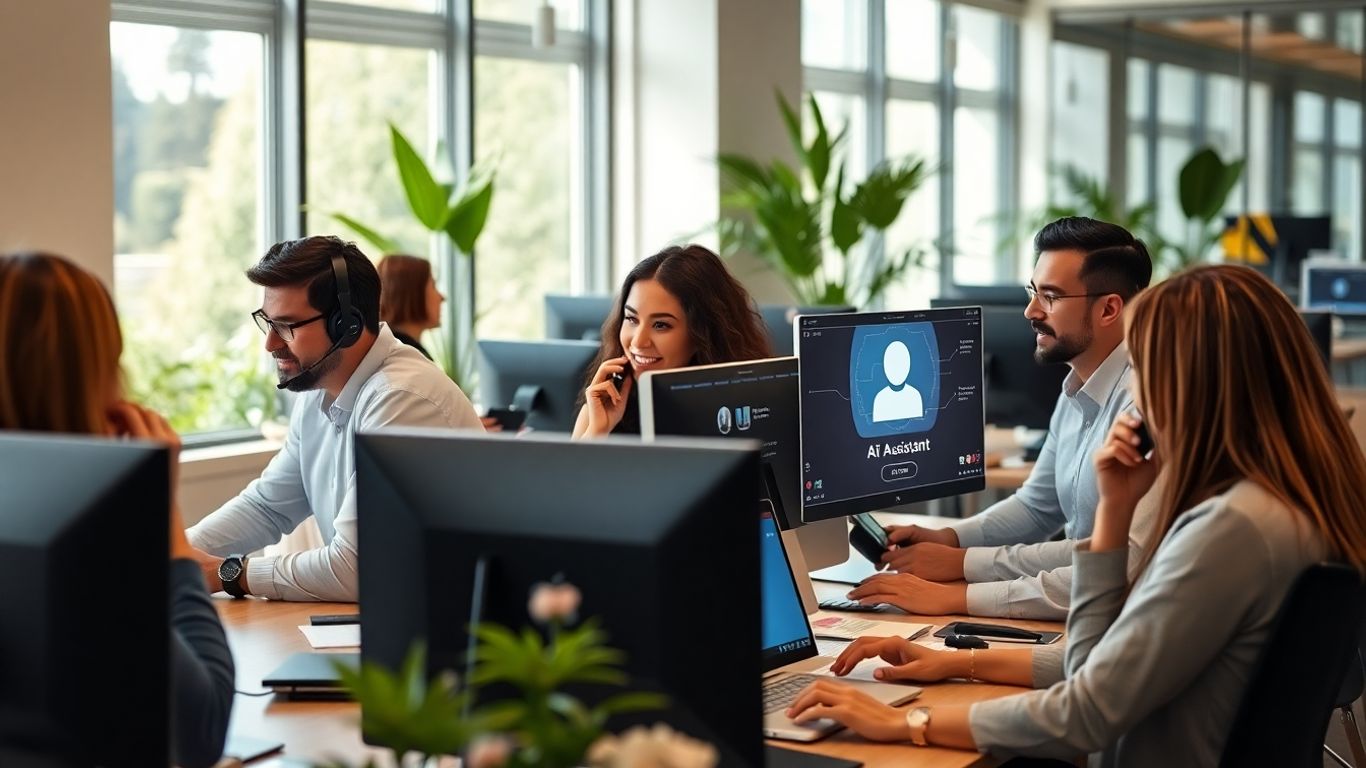 Business professionals using AI communication tools in office