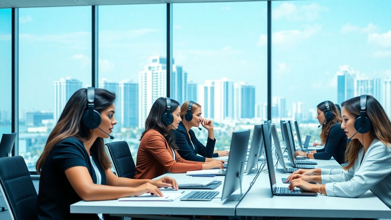 Business call center team with Miami skyline background