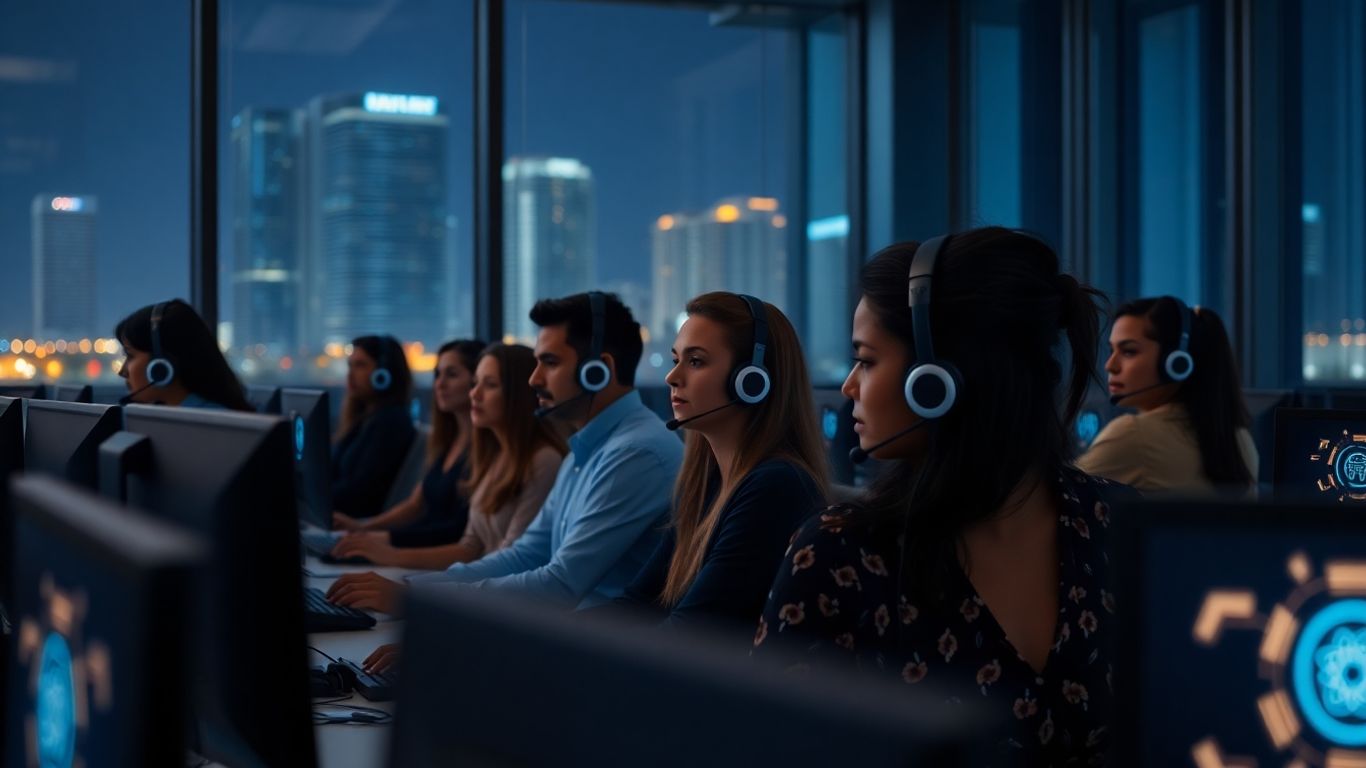 Customer support team working at night with AI technology