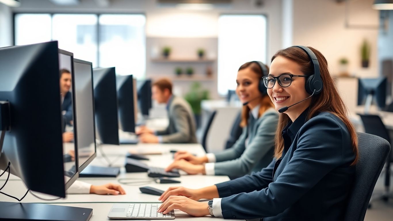 Customer service agents answering calls in bright office