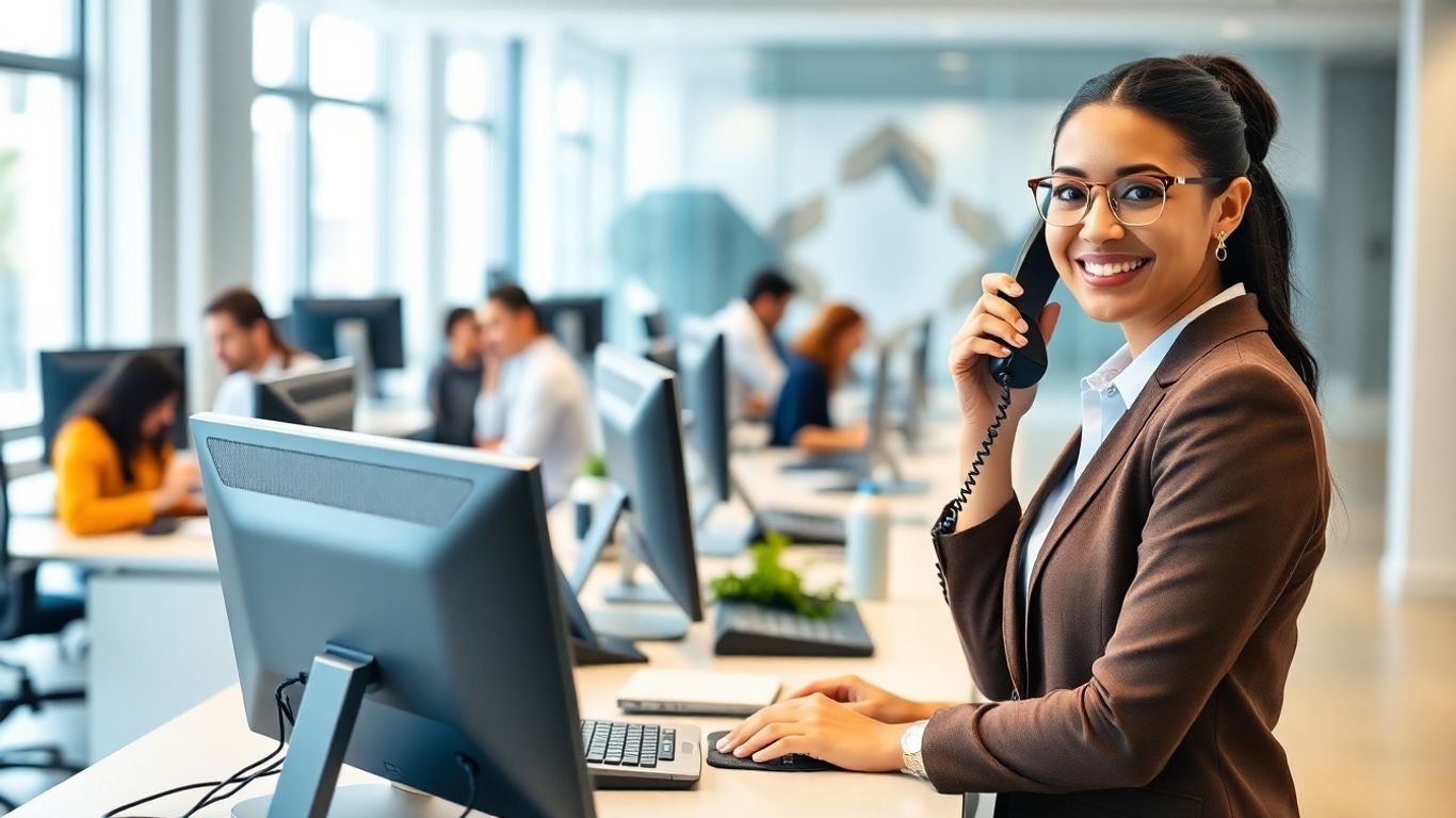 Business receptionist answering phone in modern office