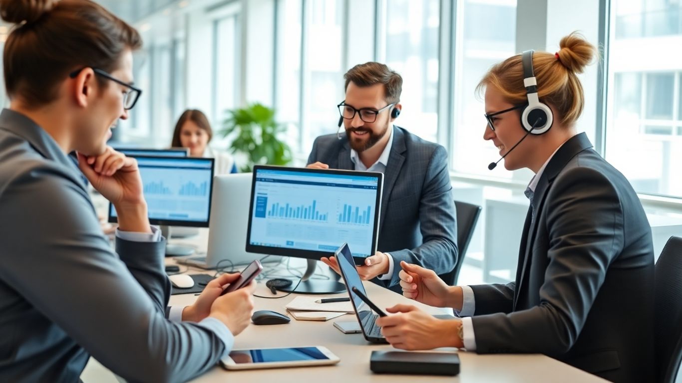 Business team using phones and CRM in bright office