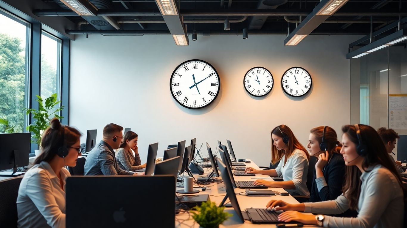 Busy office team with headsets maximizing call hours