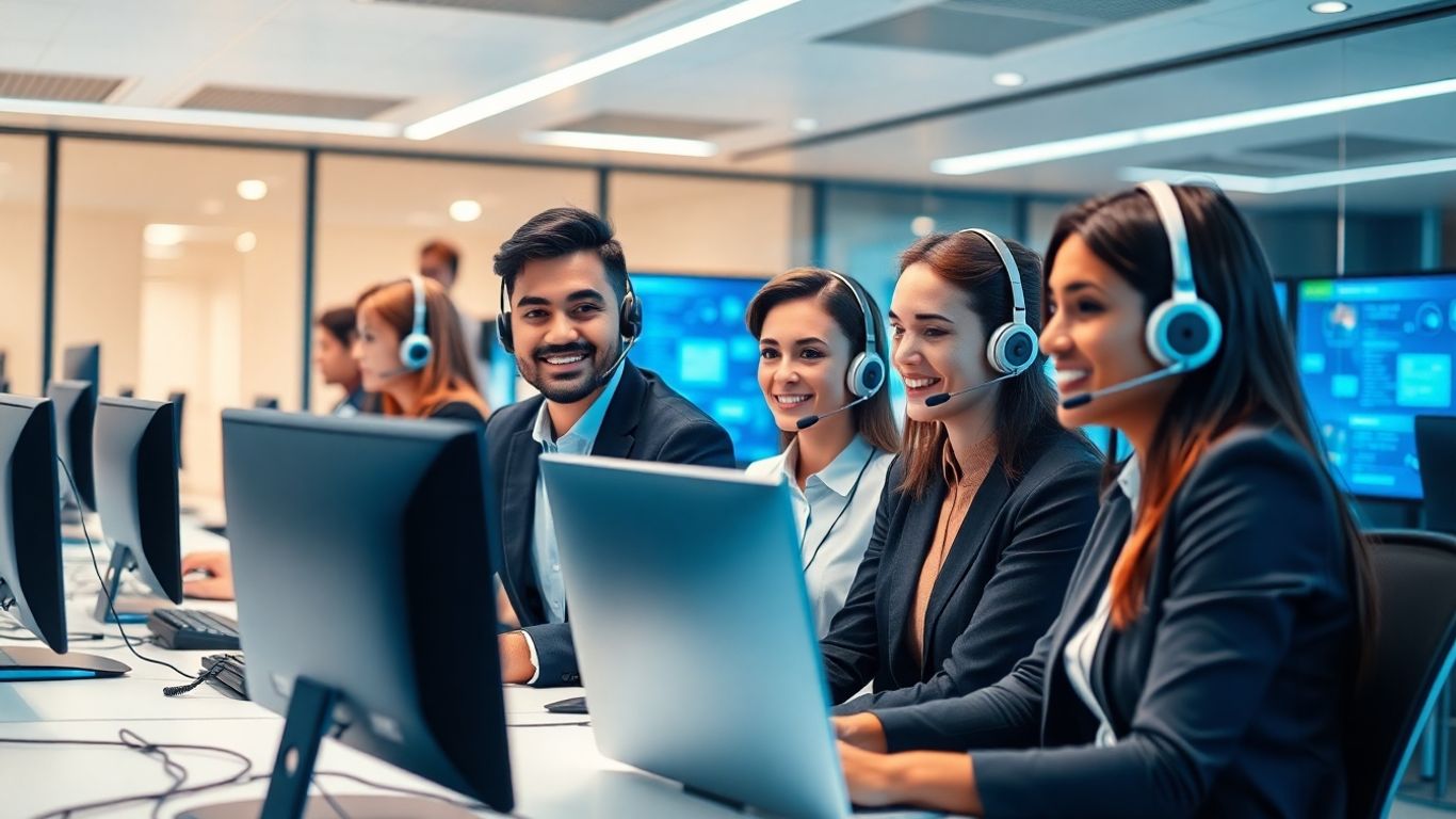 Professionals with headsets in a modern high-tech office
