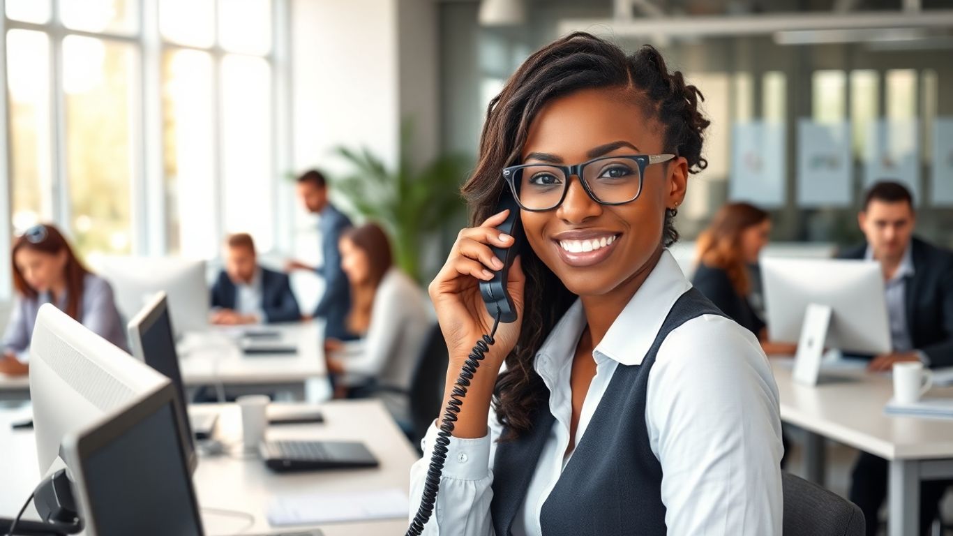 Receptionist answering phone in modern business office setting.