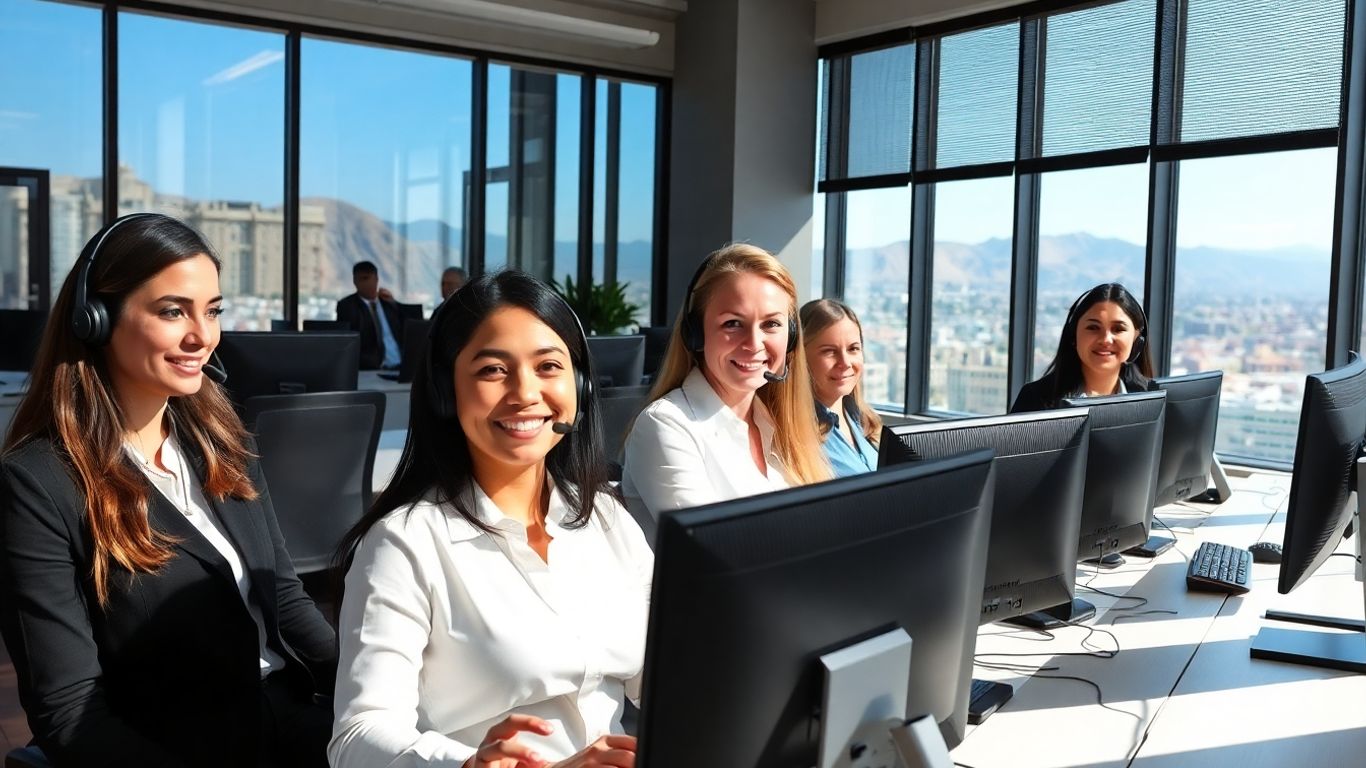 Victorville call center team assisting clients in office