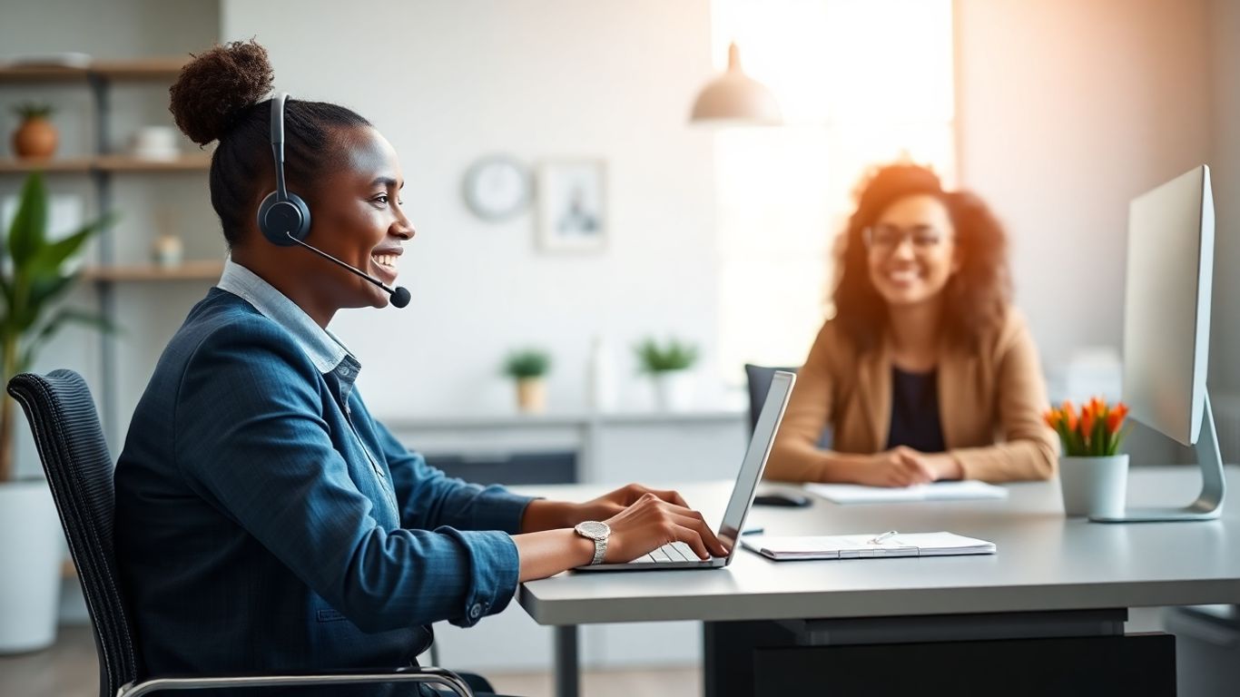 Customer service agent assisting client in modern office