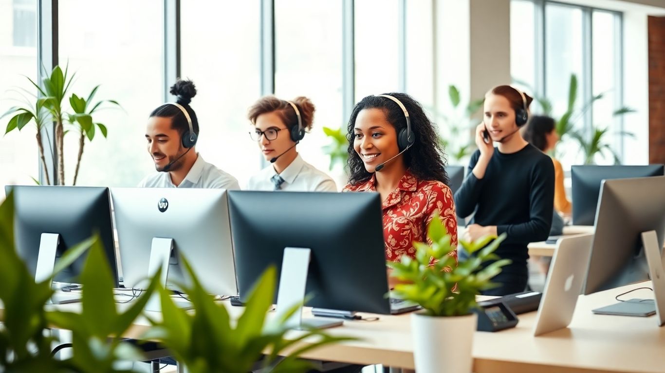 Modern office call center team with headsets working