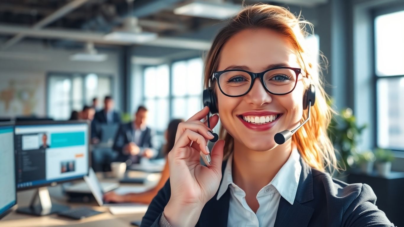 Professional answering service agent at office desk