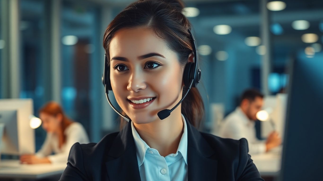 Nighttime office with customer service agent on headset call