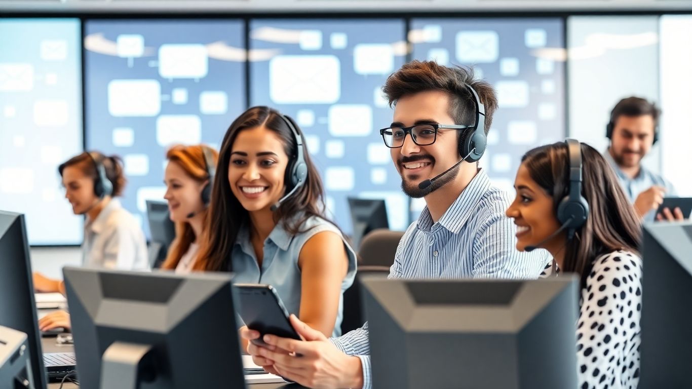 Diverse customer service team in modern office workspace