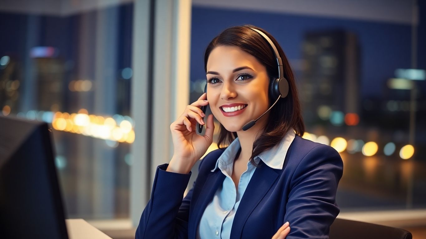 Receptionist on headset in modern office at night