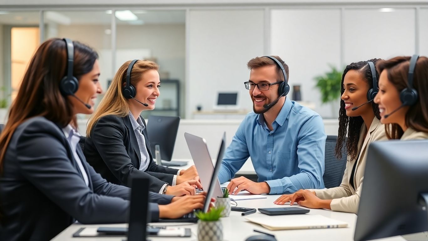 Professionals at desks using headsets in modern office