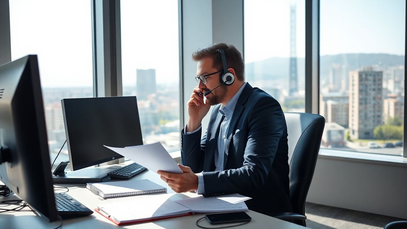 Business owner on phone in Antioch office with cityscape