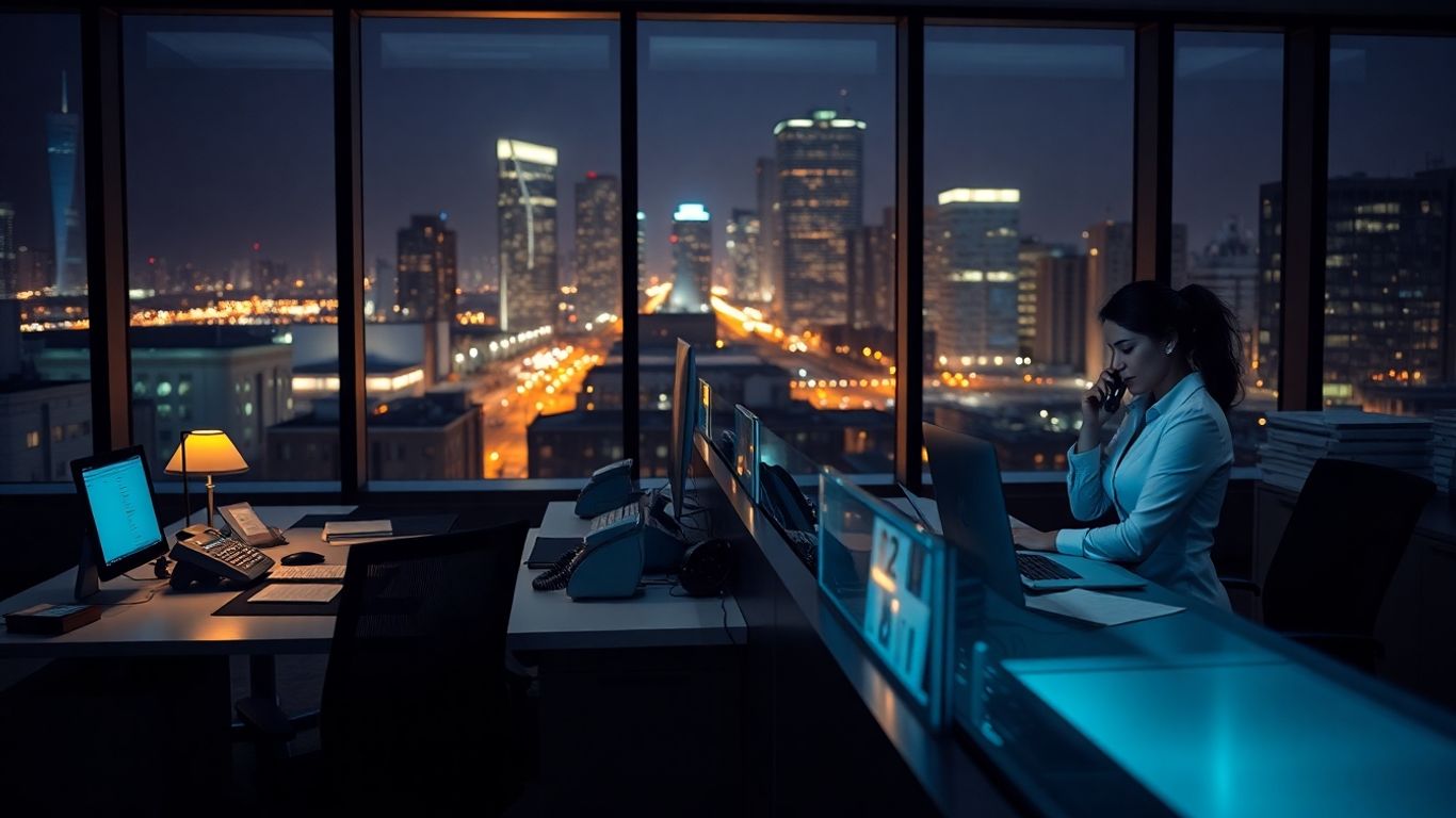Receptionist answering call in office at night