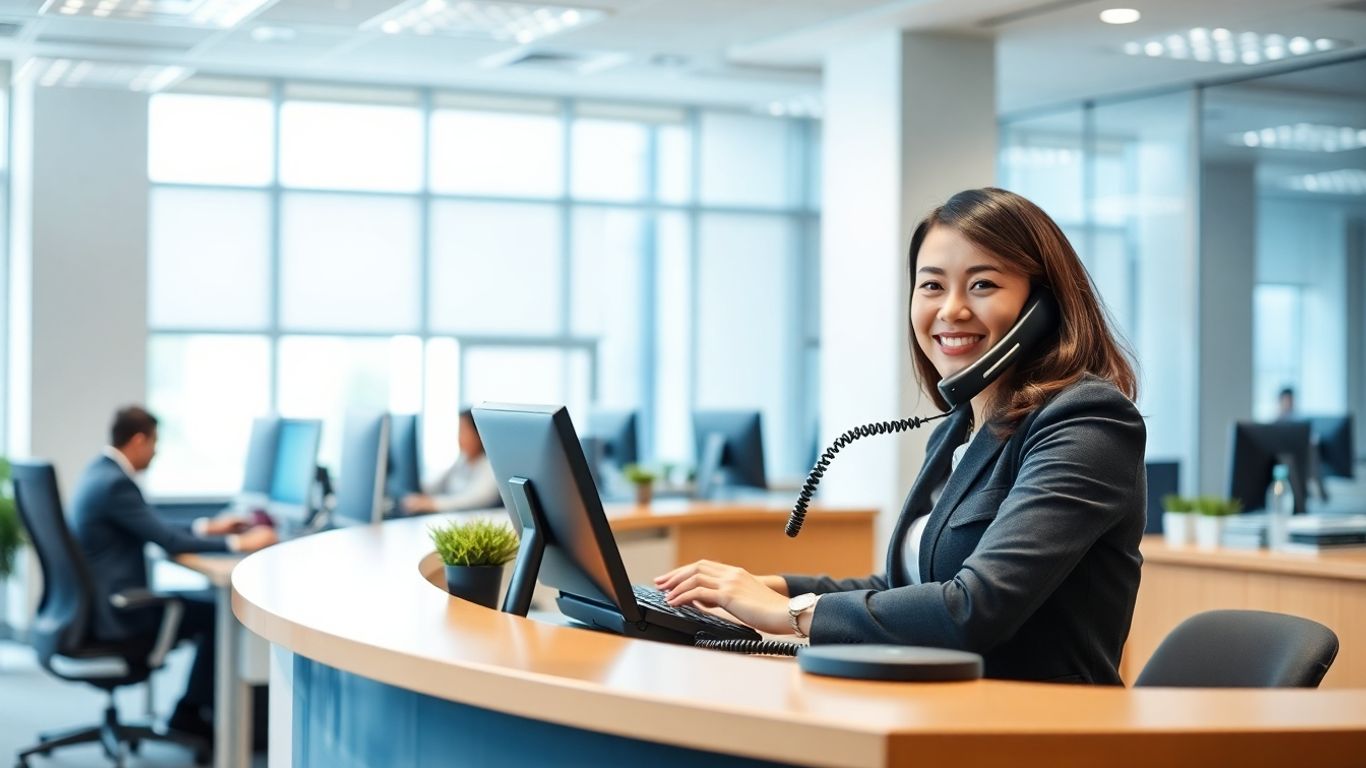 Receptionist answering phone in modern office setting