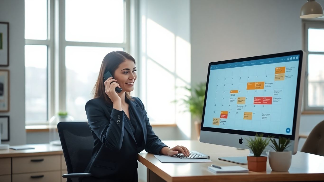 Receptionist scheduling business appointments at modern office desk